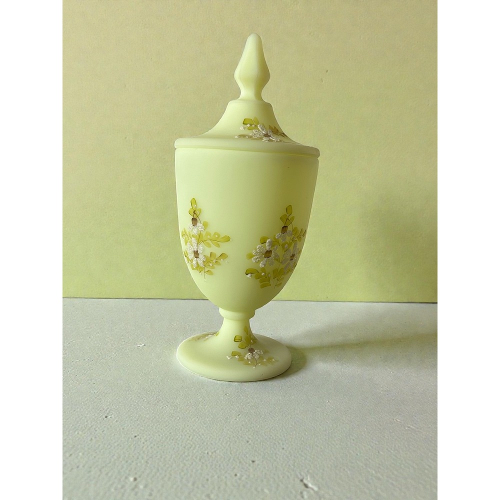 Fenton Custard Uranium Glass Candy Dish Hand Painted Kay Davis Floral Glows